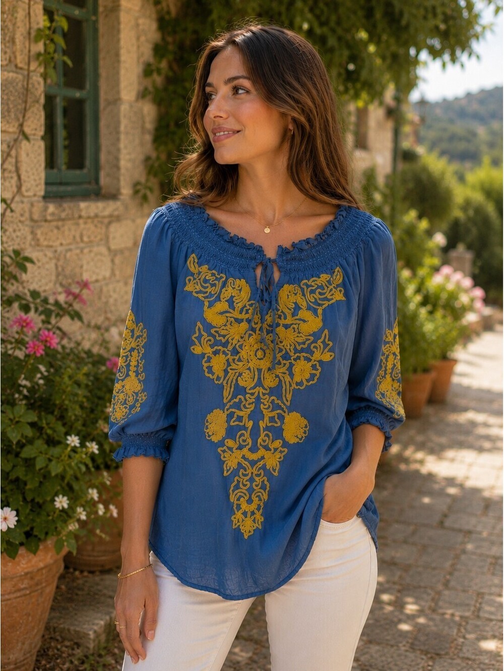 Sundance Blue Embroidered Peasant Blouse Women's Lg Boho 3/4 Sleeve Cottagecore